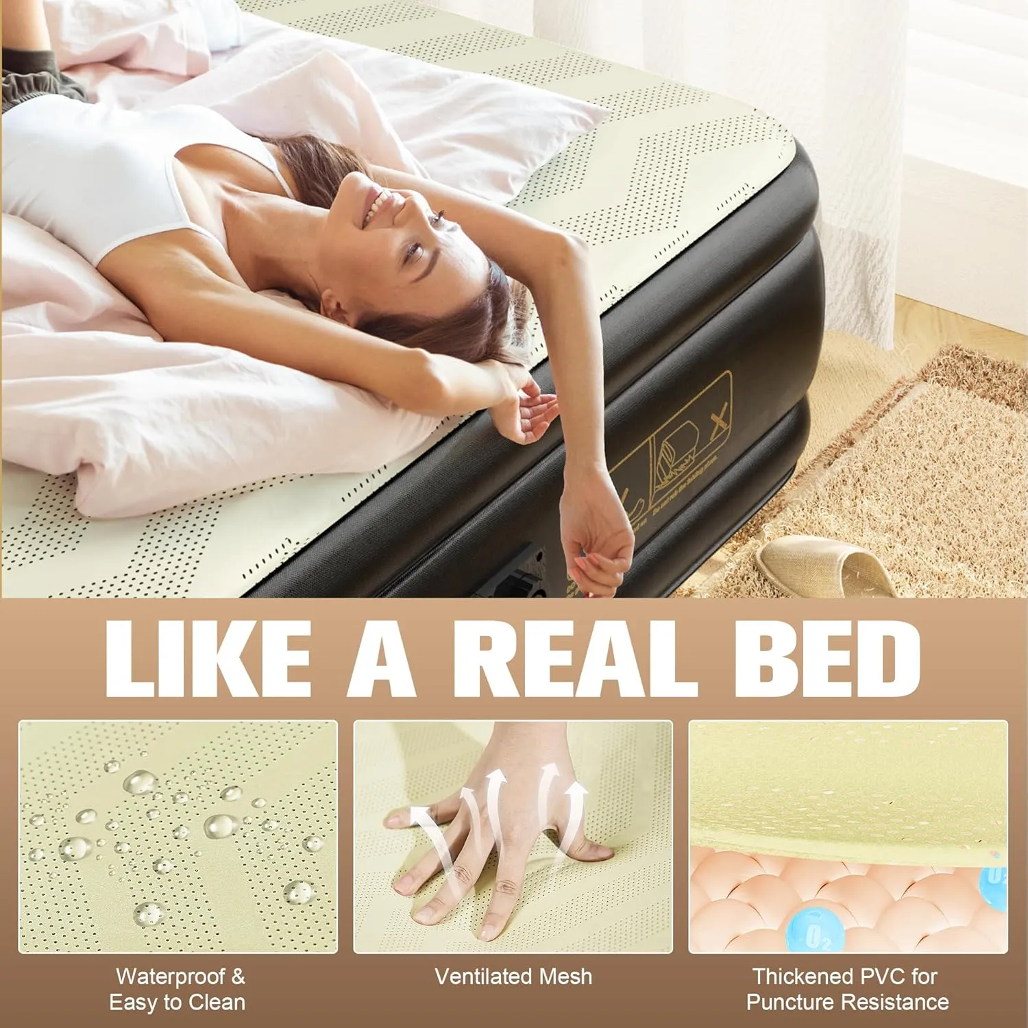 Queen Air Mattress with Built-in Pump,18'' Foam Topper Inflatable Mattress,Luxury Blow Up Mattress 2 Mins Self-Inflation/Deflation - Breathable and Flatness-Free for Camping, Home & Guests