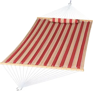 Quilted Fabric Double Hammock with Pillow, Heavy Duty Hardwood Spreader Bar, Hammocks for Outside, 450-pound Capacity, Hamacas Para Adultos for Patio/Garden/Yard/Pool/Beach, Cherry Stripe