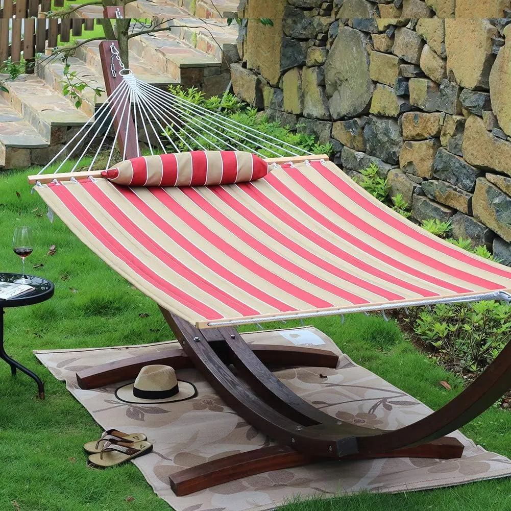 Quilted Fabric Double Hammock with Pillow, Heavy Duty Hardwood Spreader Bar, Hammocks for Outside, 450-pound Capacity, Hamacas Para Adultos for Patio/Garden/Yard/Pool/Beach, Cherry Stripe