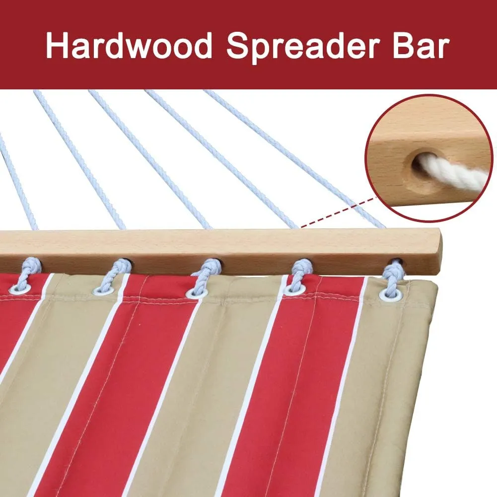 Quilted Fabric Double Hammock with Pillow, Heavy Duty Hardwood Spreader Bar, Hammocks for Outside, 450-pound Capacity, Hamacas Para Adultos for Patio/Garden/Yard/Pool/Beach, Cherry Stripe