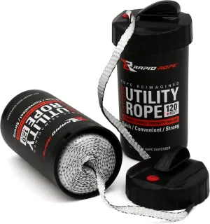 Rapid Rope Canister 120ft White Flat Tactical Paracord, Made in USA, 1100lb Tested Heavy Duty Poly Rope Test Cord, Non-Tangle Dispenser Included - Perfect Stocking Stuffer or Gift for Men and Women