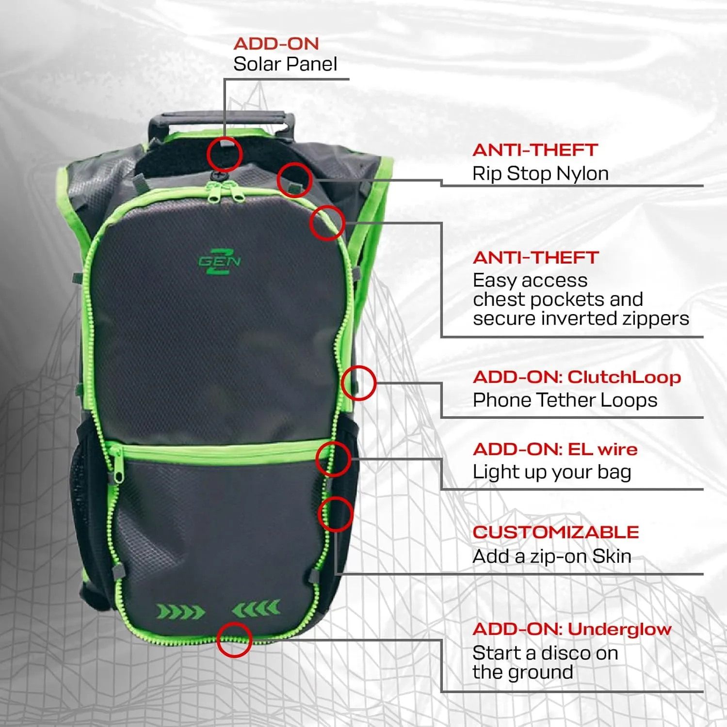 RaveRunner® Anti-Theft Hydration Backpack | Rave Hydration Pack, Festival Water Bag, Hydropack Rave, Hydration Pack EDC (Radiant Monarch) (Neon Gunmetal)