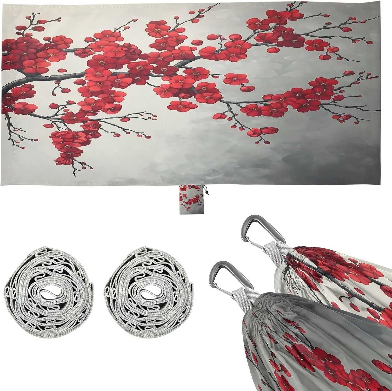 Red Blossoms Flowers Camping Hammock Single Portable Hammocks 330 lbs Capacity with 2 Tree Straps and Attached Carry Bag,Perfect for Outdoor,Indoor,Beach,Camping,Travel