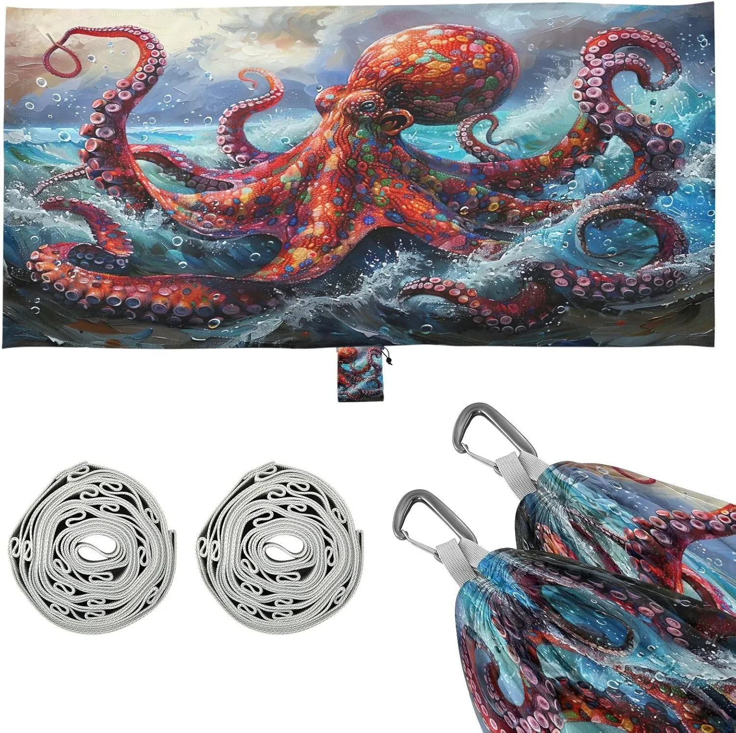 Red Octopus Camping Hammock, 330 lbs with 2 Tree Straps, Carry Bag, Single Portable Hammock for Outdoor/Indoor, Hiking, Beach, Backpacking, Travel