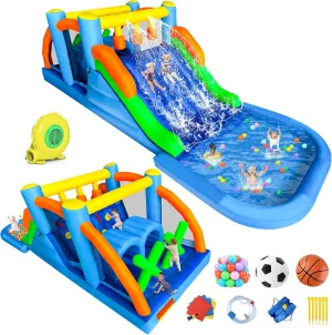 RETRO JUMP Bounce House,8 in 1 Inflatable Obstacle Course Bounce House,Inflatable Water Slide,Waterslide Park with Climbing Wall,Large Splash Pool,Obstacles,Sprinkles,Bouncy Castle Water Slide