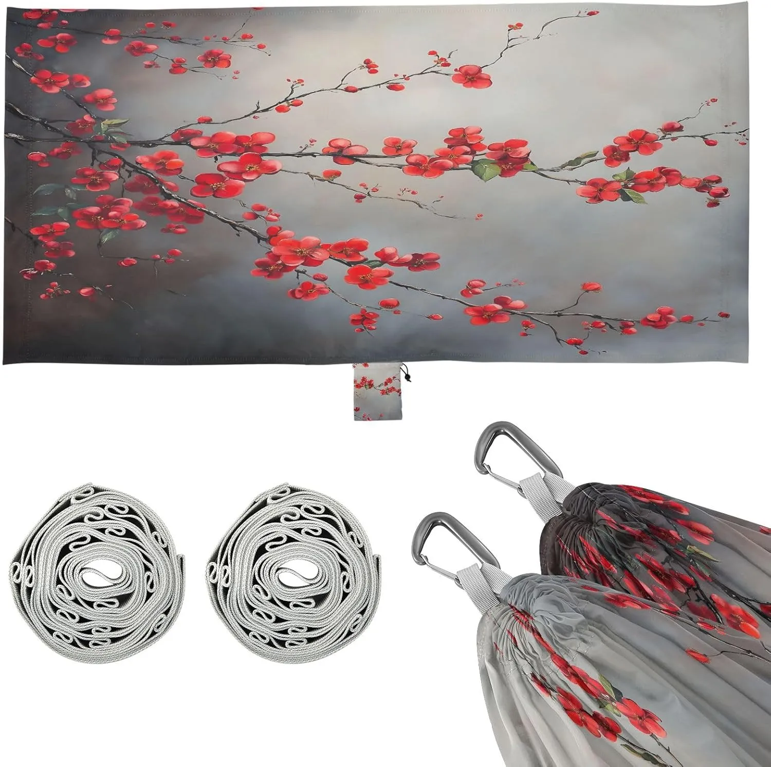 Retro Red Flowers Camping Hammock Single Portable Hammocks 330 lbs Capacity with 2 Tree Straps and Attached Carry Bag,Perfect for Outdoor,Indoor,Beach,Camping,Travel
