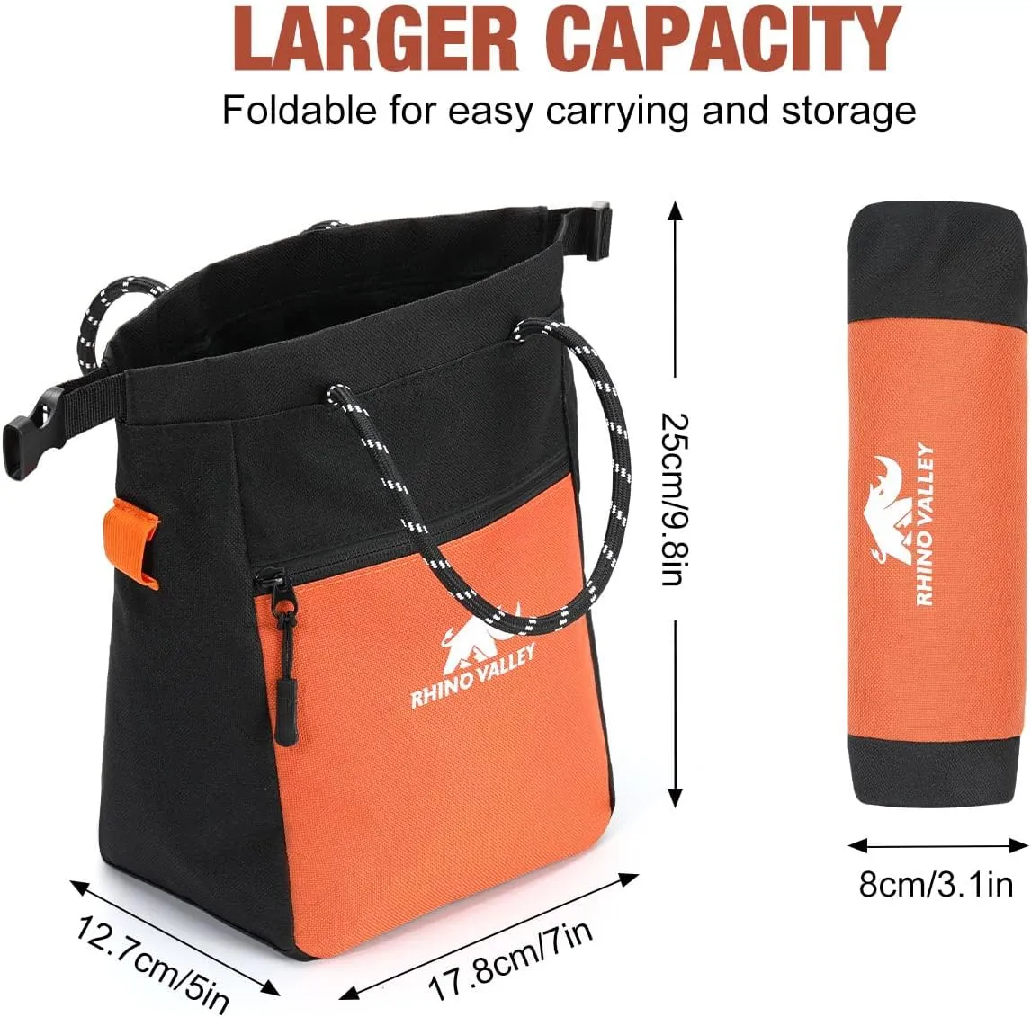 Rhino Valley Chalk Bag for Rock Climbing, No Leak Magnetic Climbing Chalk Bag with Handle, Climbing Chalk Bucket Gear with Adjustable Belt Zipper Pockets for Cross Fit, Weight Lifting
