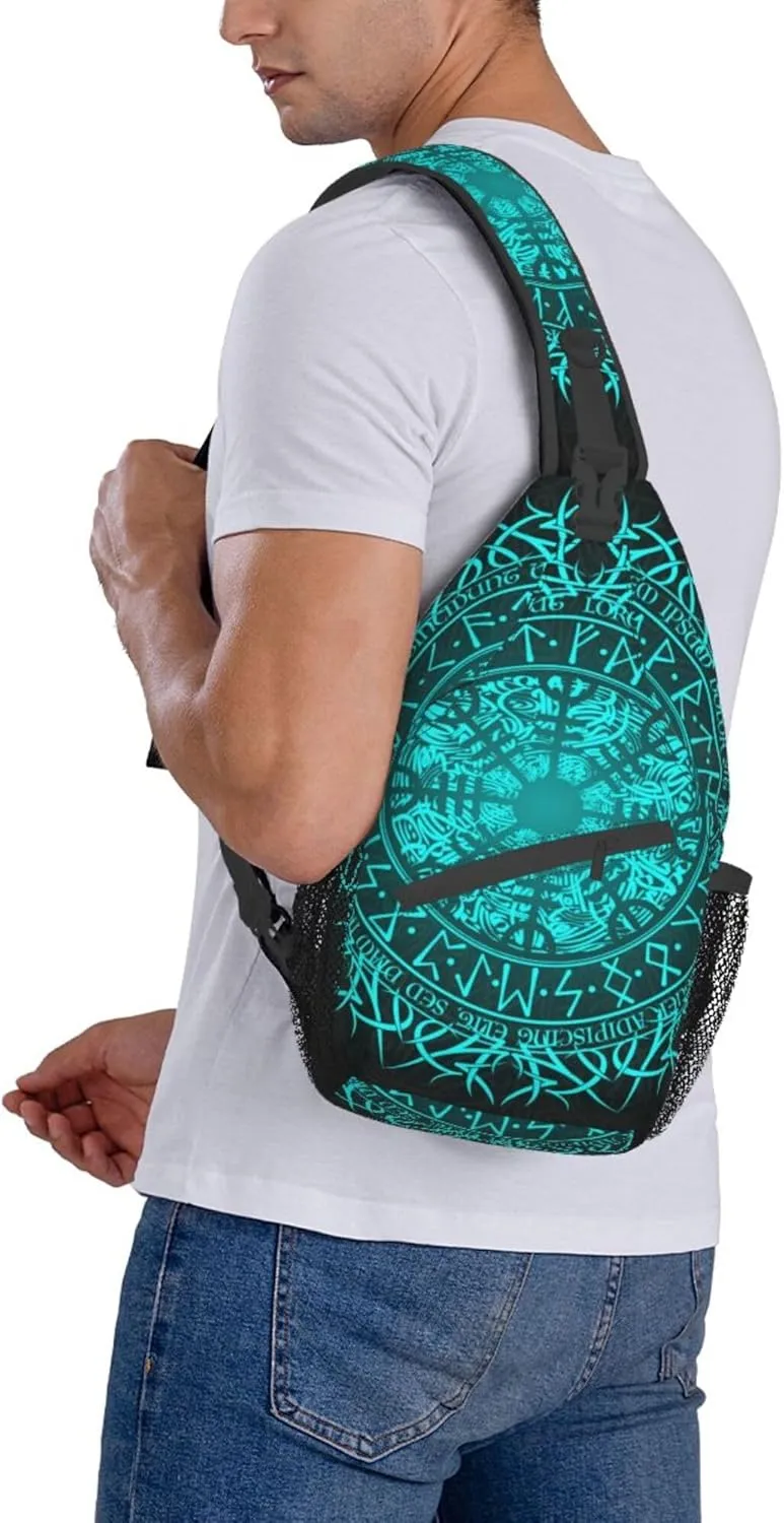 RIMENCH Bue circle Viking Vegvisir runic compass Sling Backpack Bag For Women Men Chest Bag Daypack Crossbody Backpack For Travel Sports Running Hiking