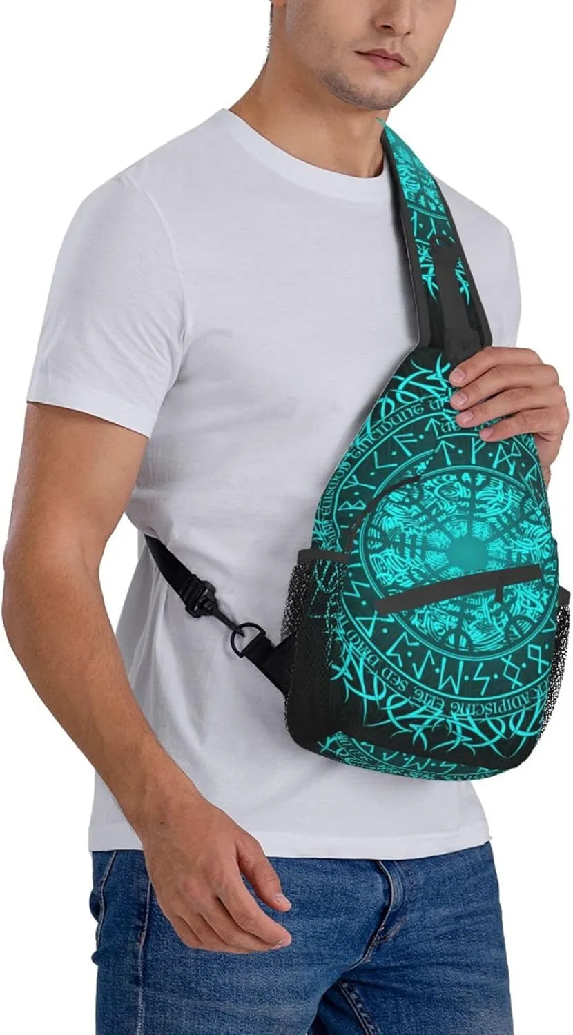 RIMENCH Bue circle Viking Vegvisir runic compass Sling Backpack Bag For Women Men Chest Bag Daypack Crossbody Backpack For Travel Sports Running Hiking