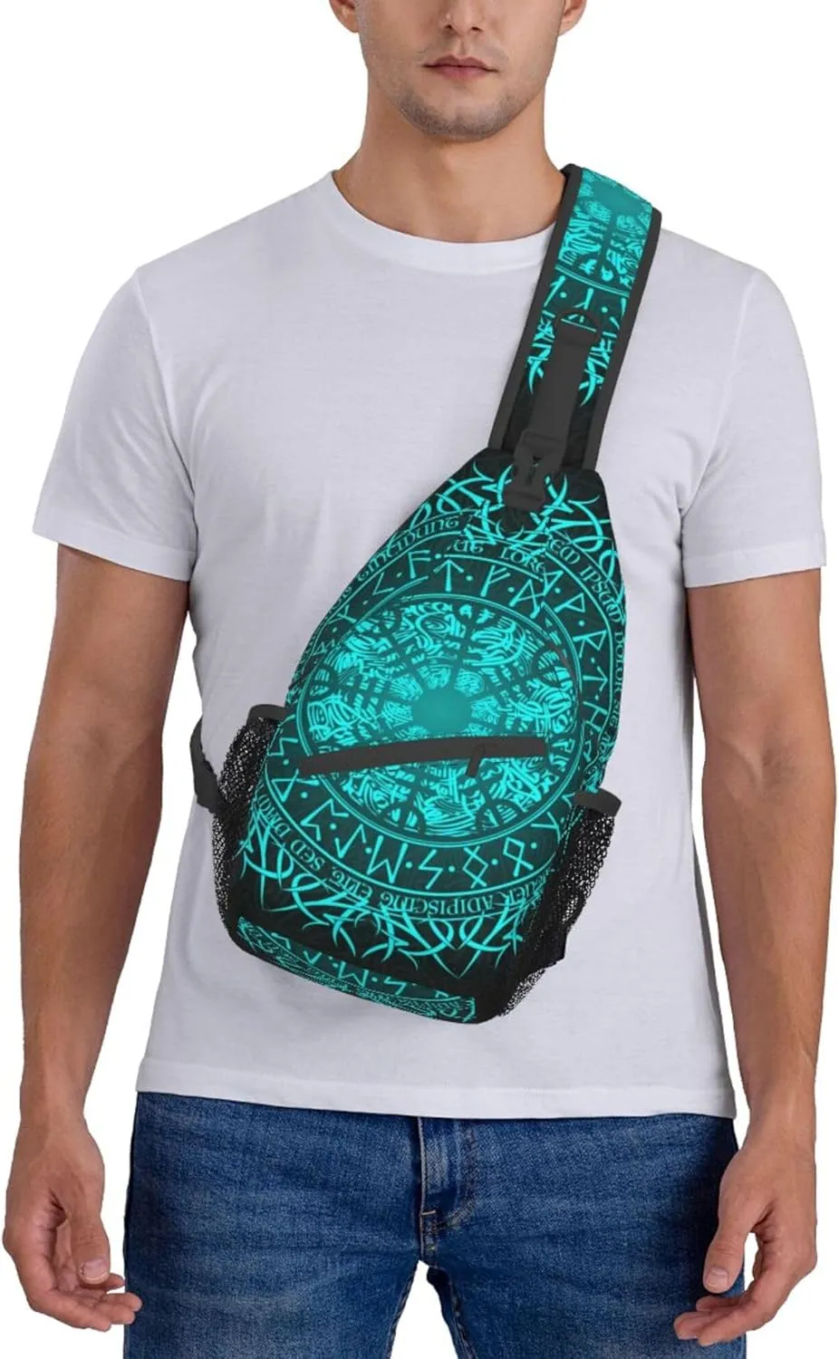 RIMENCH Bue circle Viking Vegvisir runic compass Sling Backpack Bag For Women Men Chest Bag Daypack Crossbody Backpack For Travel Sports Running Hiking