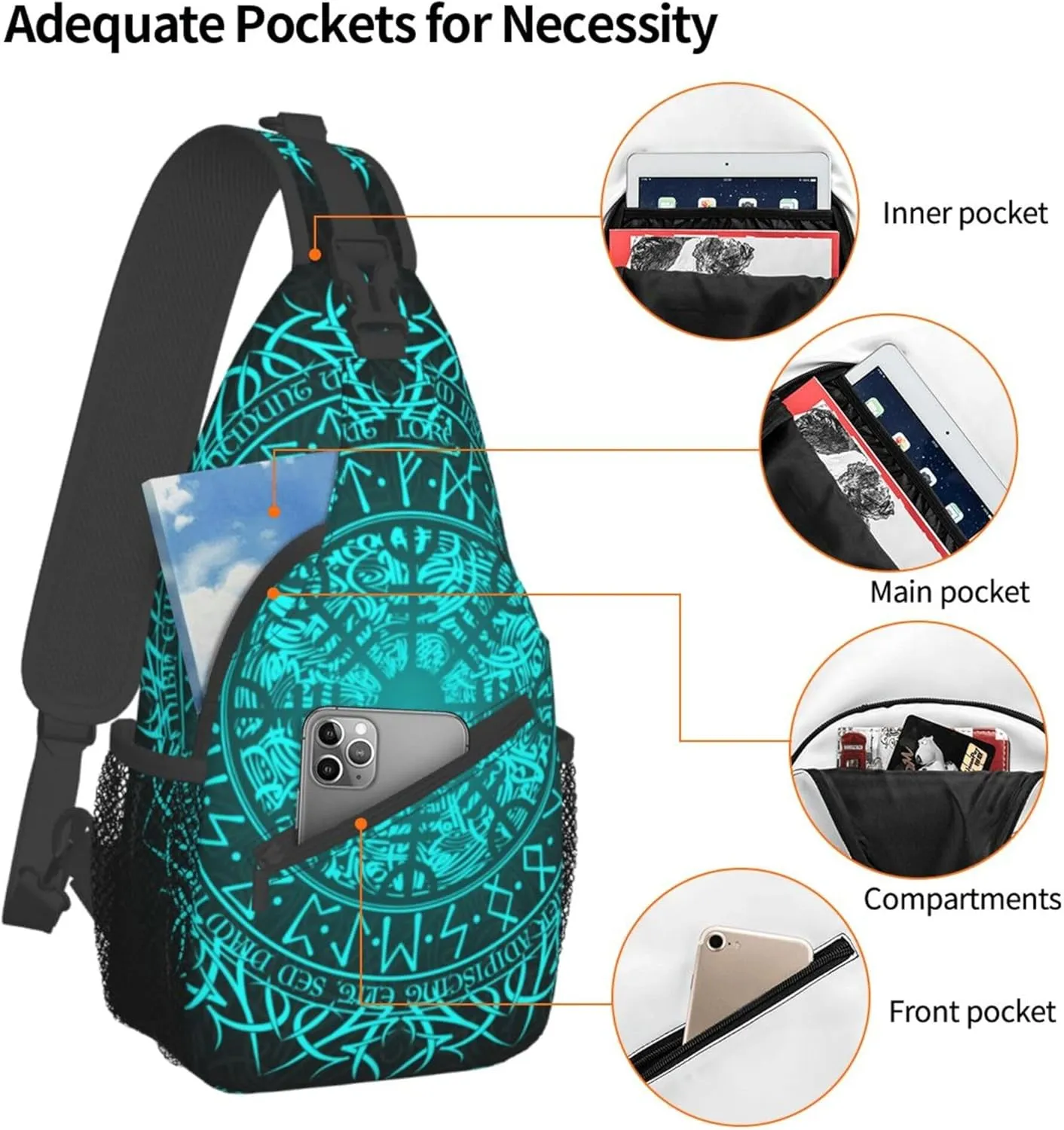 RIMENCH Bue circle Viking Vegvisir runic compass Sling Backpack Bag For Women Men Chest Bag Daypack Crossbody Backpack For Travel Sports Running Hiking