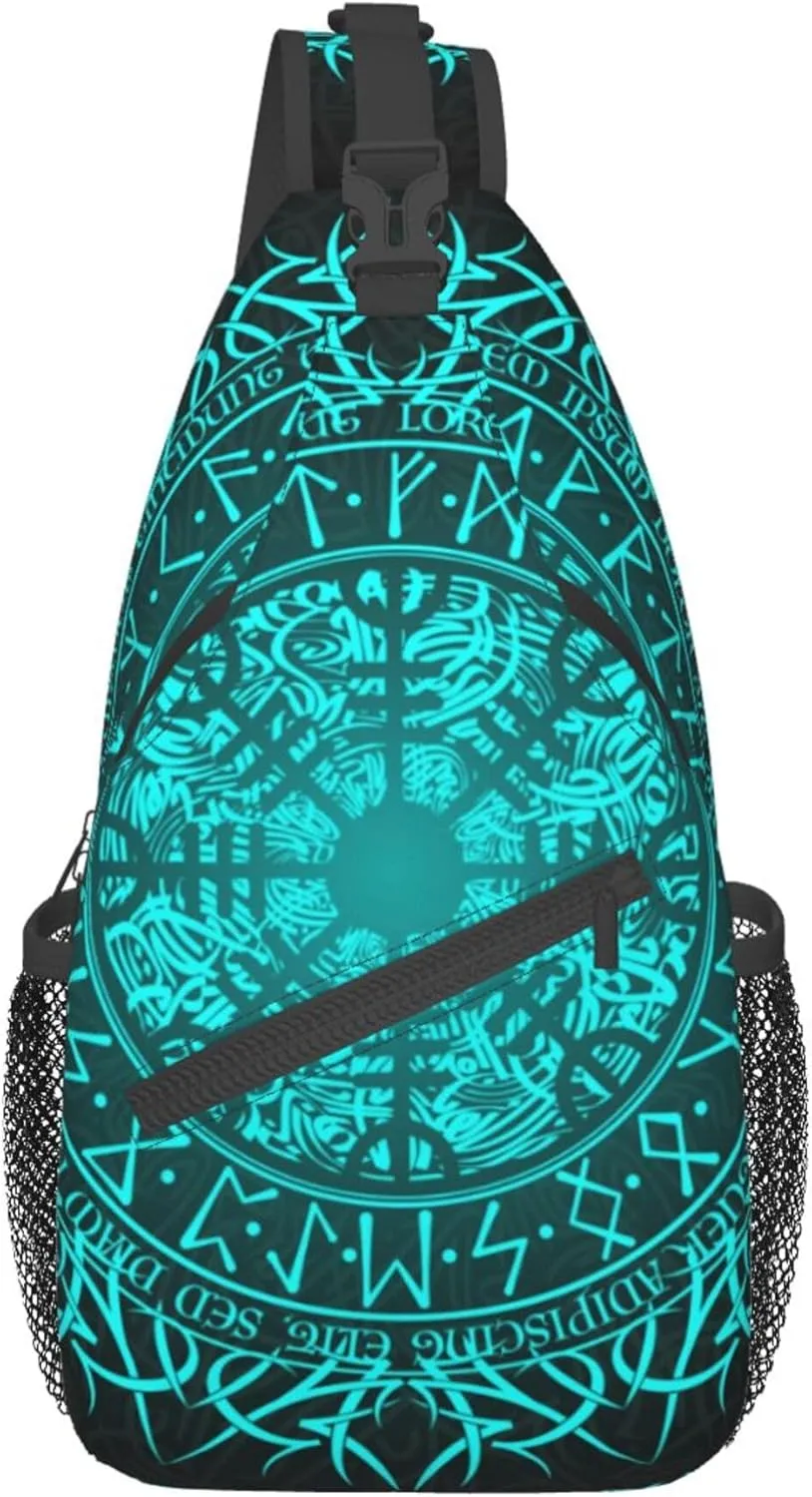 RIMENCH Bue circle Viking Vegvisir runic compass Sling Backpack Bag For Women Men Chest Bag Daypack Crossbody Backpack For Travel Sports Running Hiking