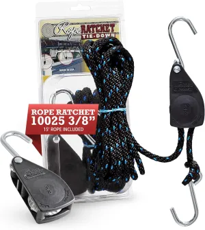 Rope Ratchet 3/8" Tie Down System - Heavy Duty Hoist Pulley with Adjustable Hanger, 15' Braided Polypropylene Rope, Ideal for Kayak, Canoe, Tent, Camping, and Roof Rack Tie Downs, 250 lb Capacity