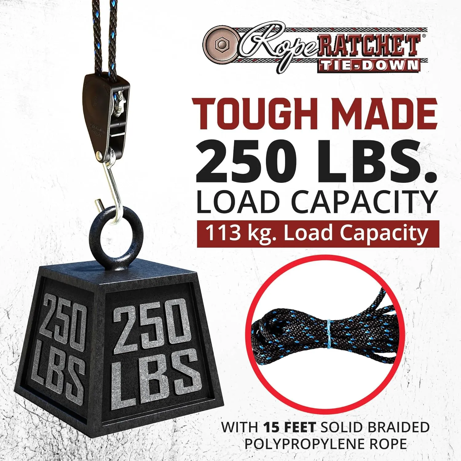Rope Ratchet 3/8" Tie Down System - Heavy Duty Hoist Pulley with Adjustable Hanger, 15' Braided Polypropylene Rope, Ideal for Kayak, Canoe, Tent, Camping, and Roof Rack Tie Downs, 250 lb Capacity