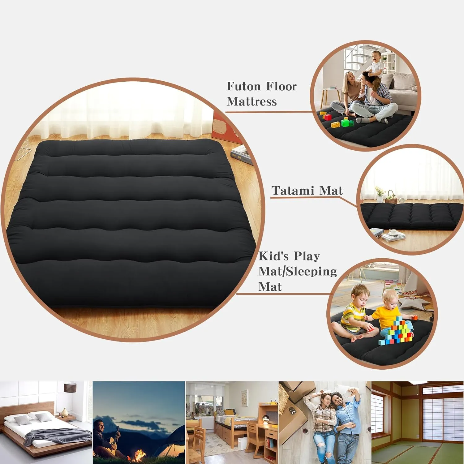 ROYGROW Japanese Futon Mattress Full Size, Foldable Floor Mattress for Adults, Black Tatami Mat