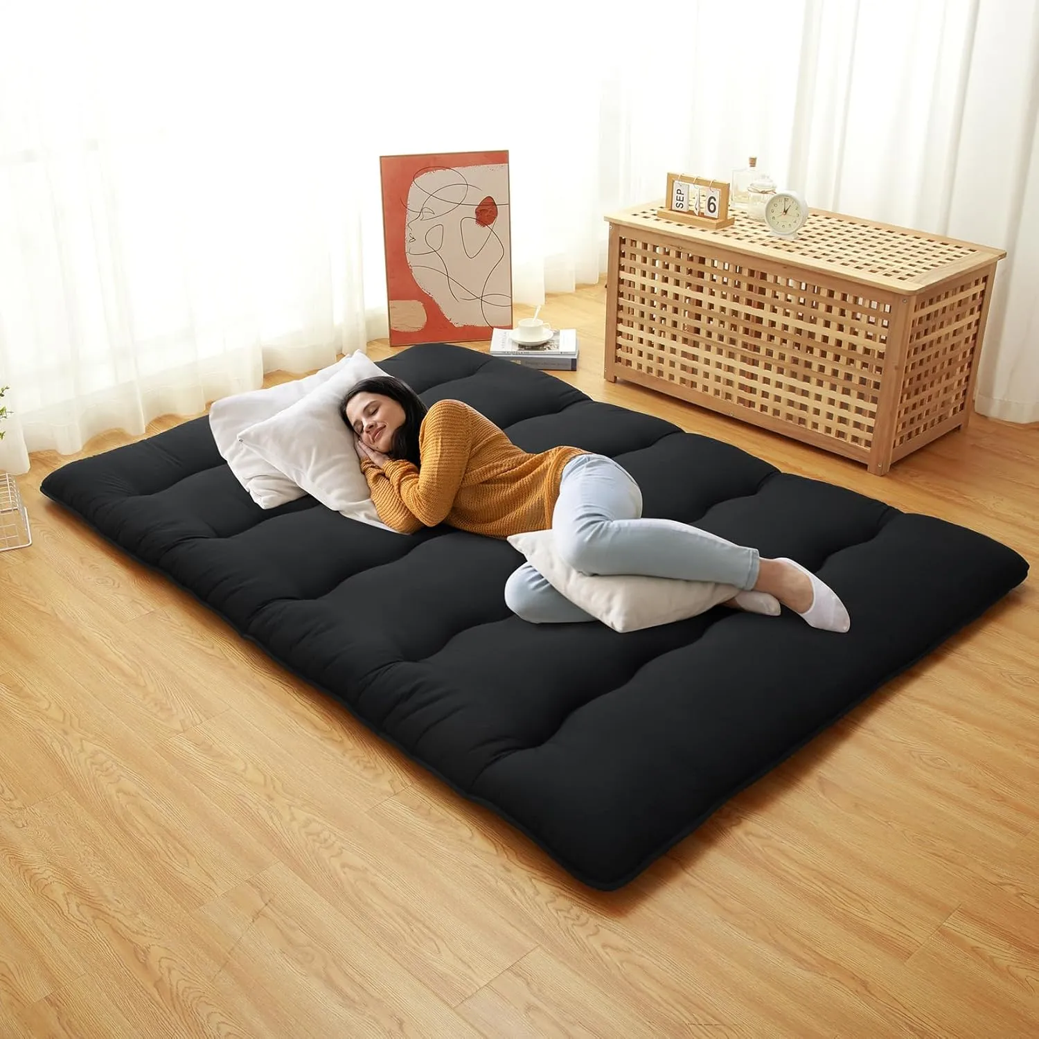 ROYGROW Japanese Futon Mattress Full Size, Foldable Floor Mattress for Adults, Black Tatami Mat