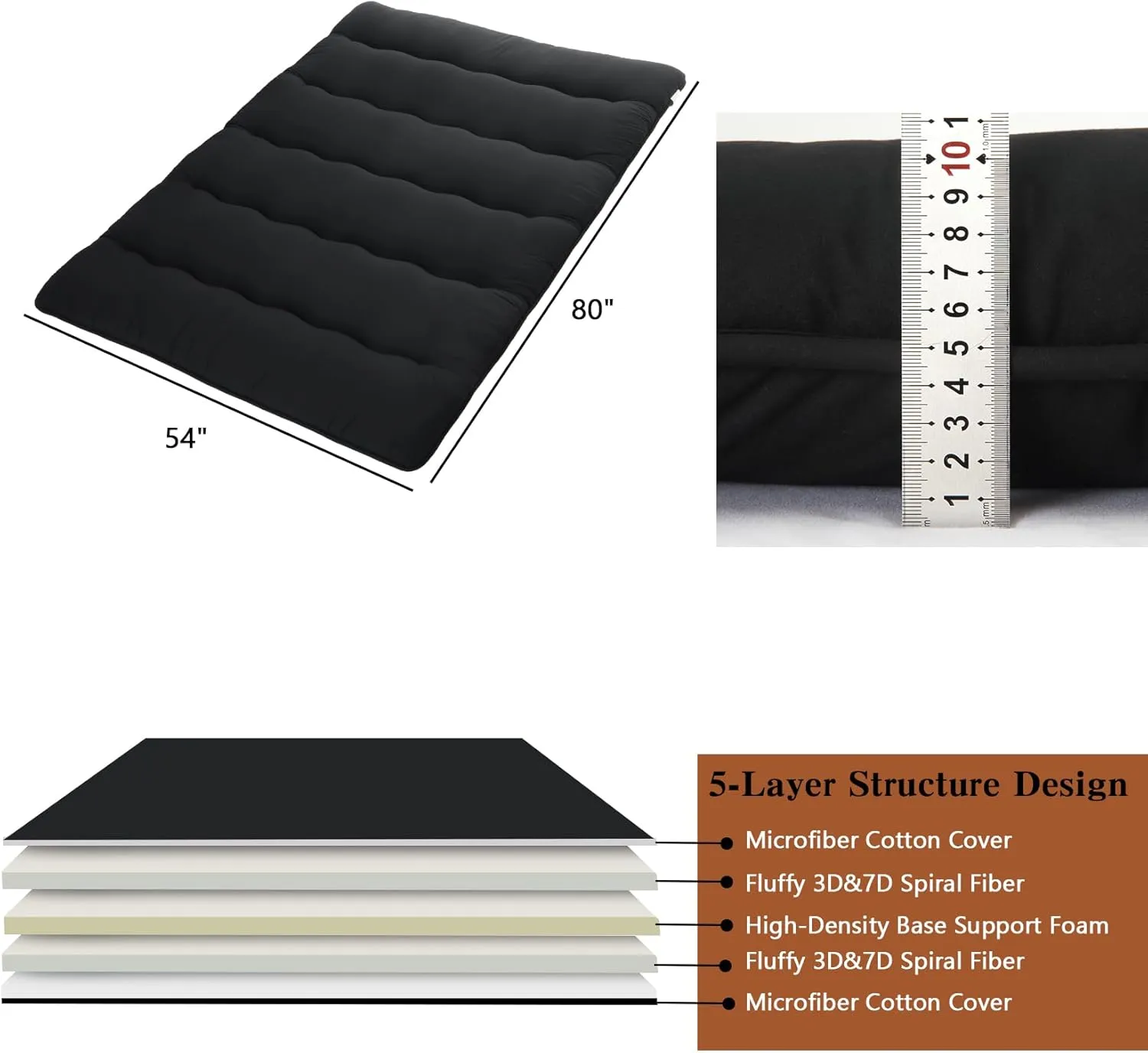 ROYGROW Japanese Futon Mattress Full Size, Foldable Floor Mattress for Adults, Black Tatami Mat