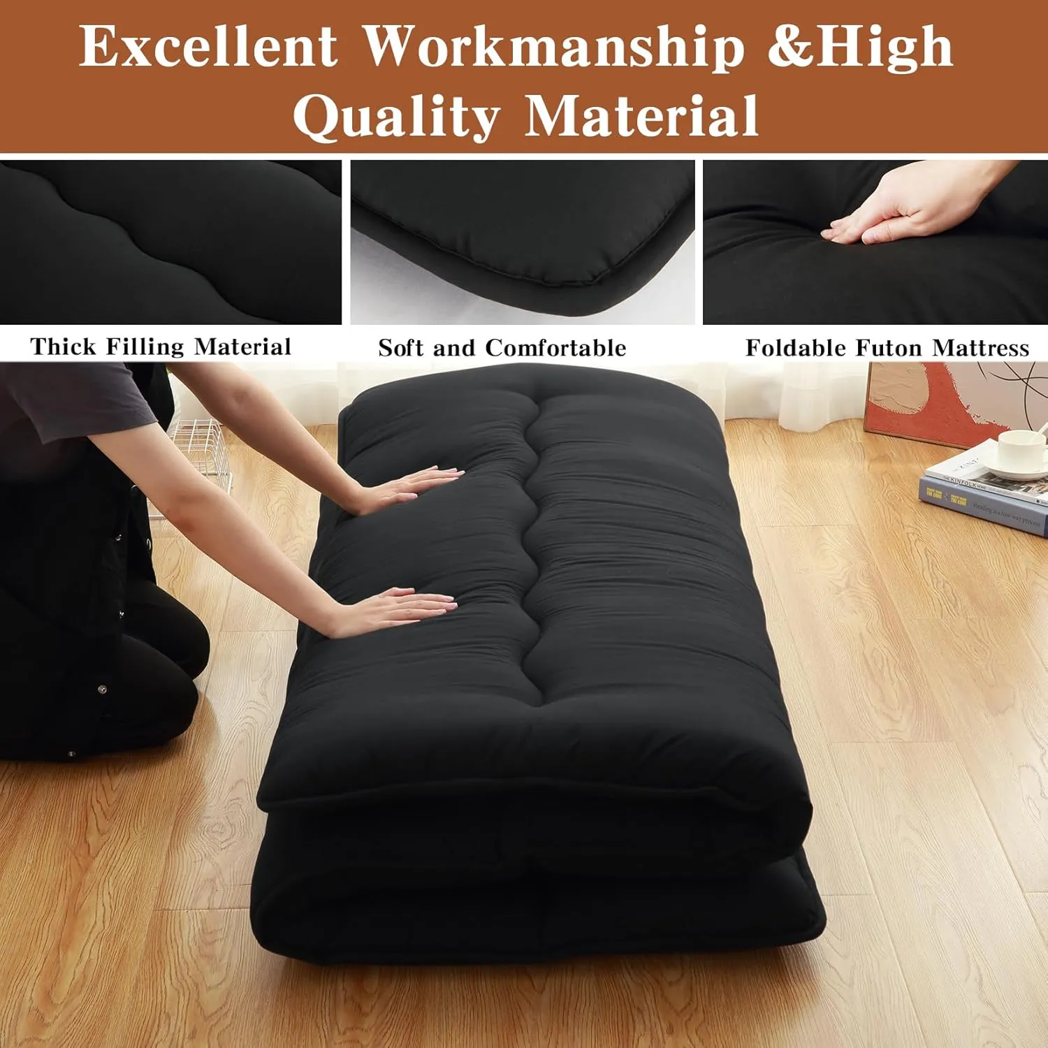 ROYGROW Japanese Futon Mattress Full Size, Foldable Floor Mattress for Adults, Black Tatami Mat