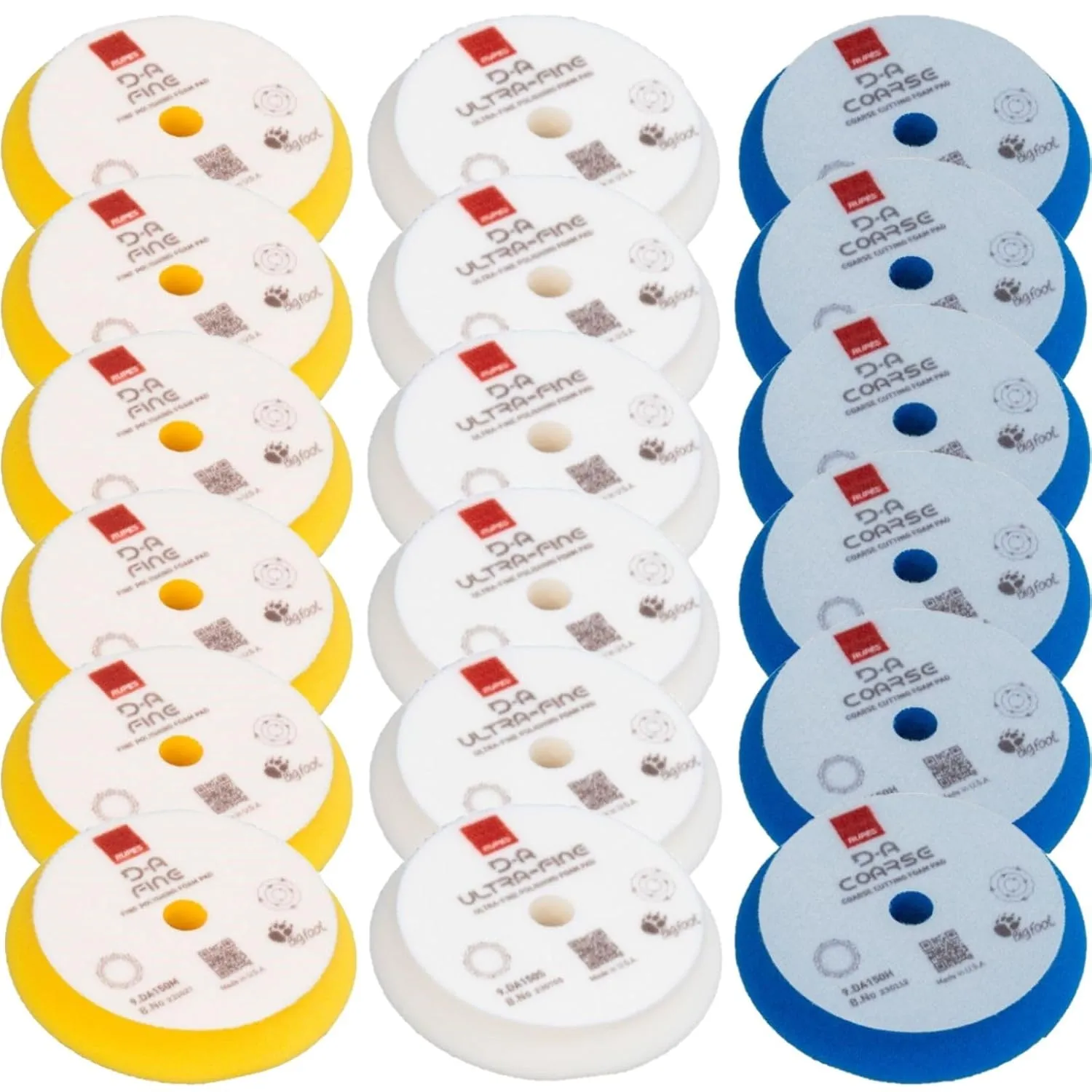 RUPES D-A Series 6" Orbital Foam Polishing Pads Bundle - Includes 6 Fine, 6 Ultra Fine and 6 Coarse Foam Pads - Tailored to Meet The Diverse Needs of Automotive Detailing