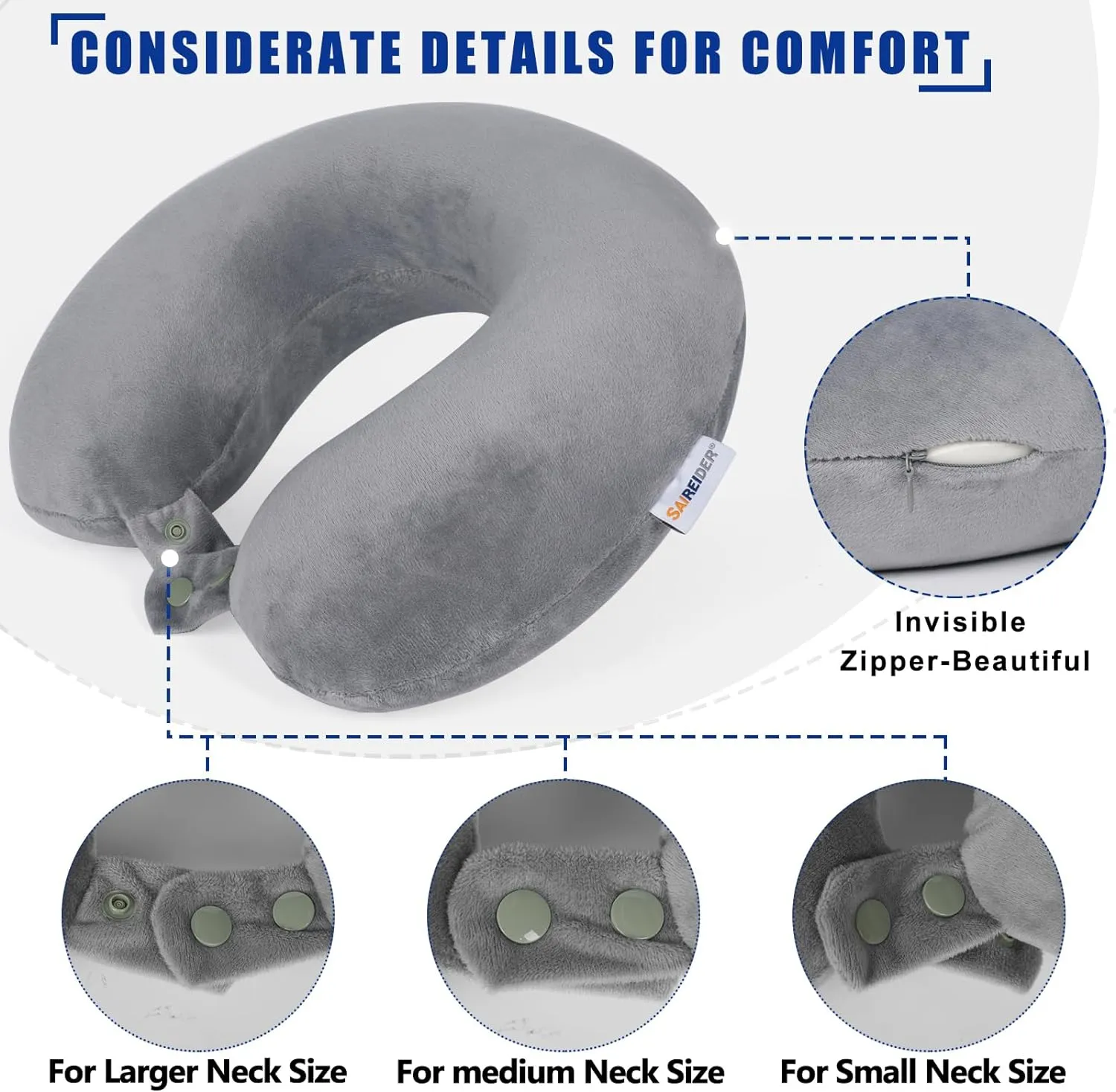 SAIREIDER Travel Pillows for Sleeping Airplane 100% Pure Memory Foam Neck Pillow for Airplanes Washable Cover with Storage Bag (Grey)