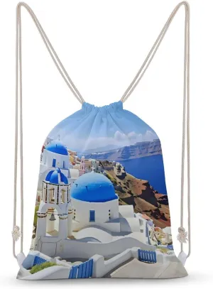 Santorini Greece Travel Drawstring Backpack Canvas Sport Daypack Casual String Bag for Women and Men