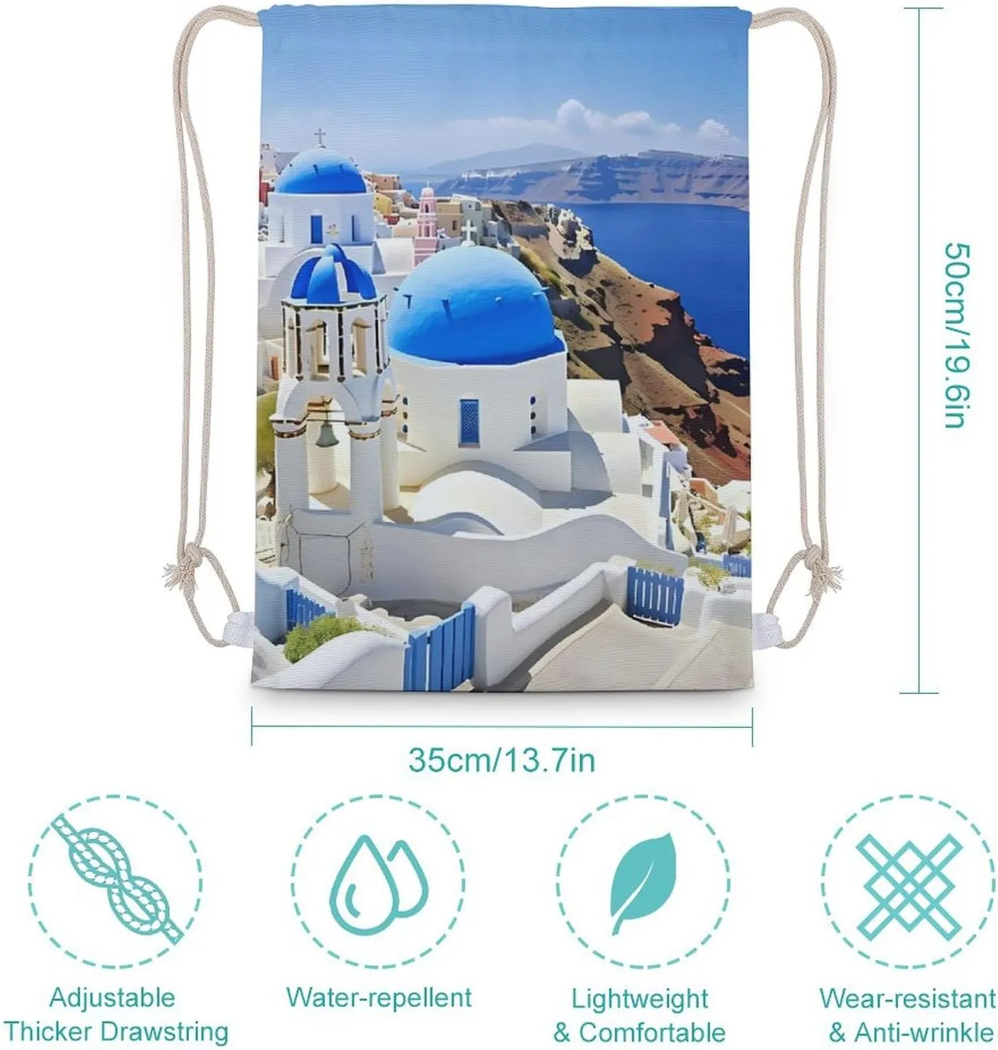 Santorini Greece Travel Drawstring Backpack Canvas Sport Daypack Casual String Bag for Women and Men