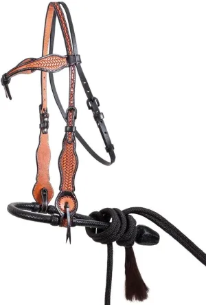 Schneiders Double S Tooled Browband Bosal Set | Complete Equestrian Set | 2-Tone Tooled Design | Adjustable Bridle | Soft Leather-Wrapped Bosal | Quality Poly Rope Mecate