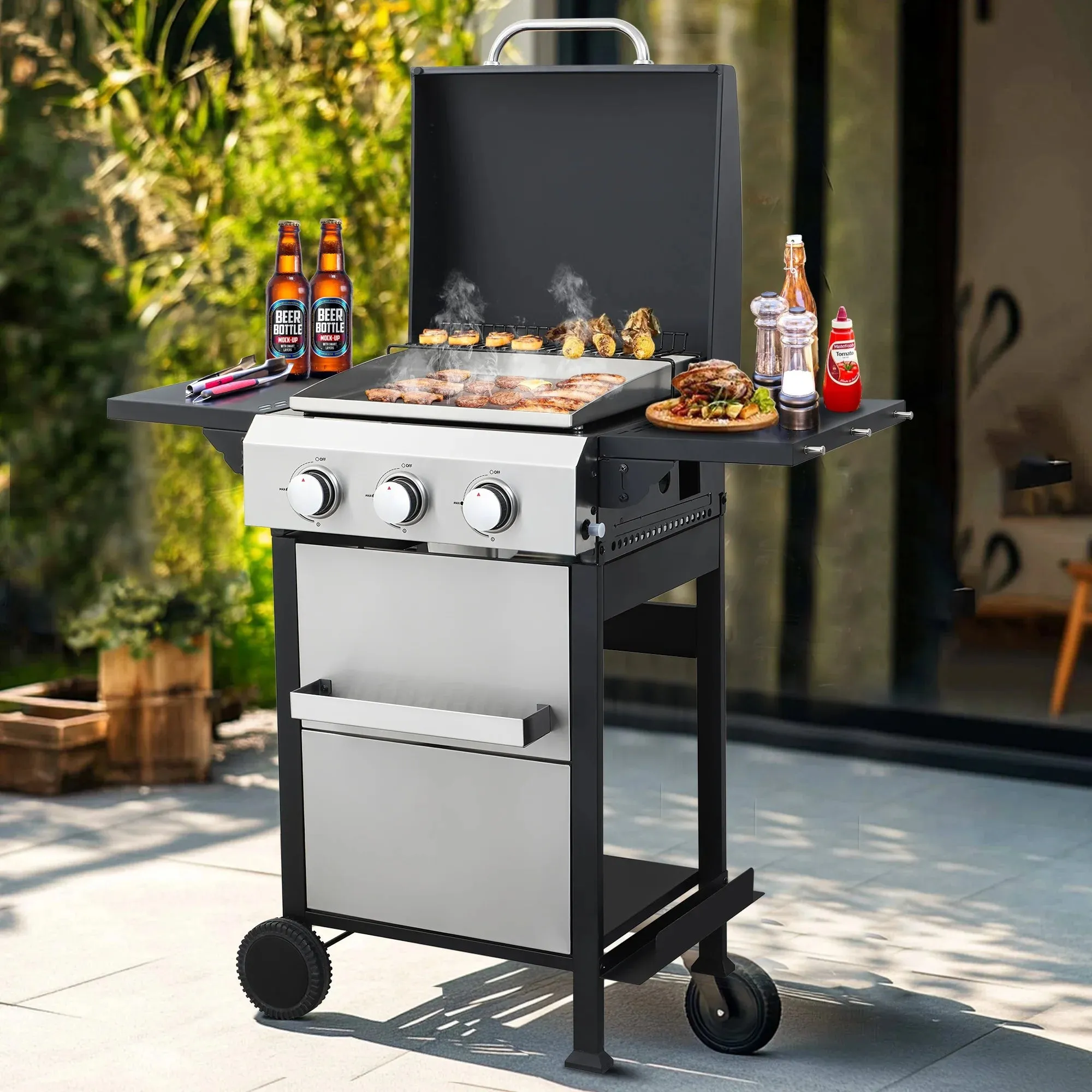 Seizeen 3-Burner Propane Gas Grill, Outdoor 2-IN-1 BBQ Grill & Gribble, Portable Combo Grills Stainless Steel, W/Two Foldable Shelves, Two Cooking Areas, Wheels