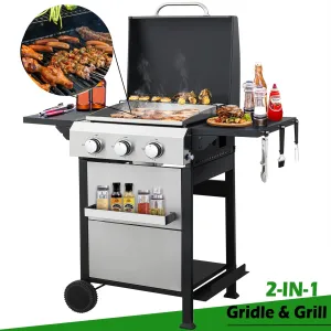 Seizeen 3-Burner Propane Gas Grill, Outdoor 2-IN-1 BBQ Grill & Gribble, Portable Combo Grills Stainless Steel, W/Two Foldable Shelves, Two Cooking Areas, Wheels