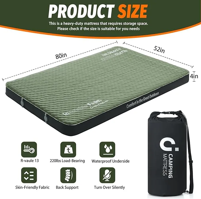 Self Inflating Double Sleeping Pad, 4in Ultra-Thick Foam Camping Mattress 2 Person with Air Pump Sack,Camping Floor Bed for Adults Inflatable Sleeping Mat Camping Essentials for Travel, Army Green