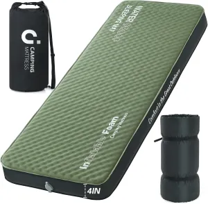 Self Inflating Sleeping Pad, 4in Ultra-Thick Foam Camping Cot Mattress with Air Pump Sack, Sleeping Mat for Adults Inflatable Camping Pad Mattress, Cot Bed, Travel, Car, Tent, Home Army Green