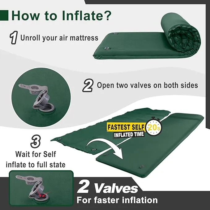 Self Inflating Sleeping Pad for Camping Fast Inflating in 20s Insulated Camping Pad Ultra-Thick Foam Camping Mats Memory Foam Camping Air Mattress with Pillow for Car Camping , Tent, Home,Travel