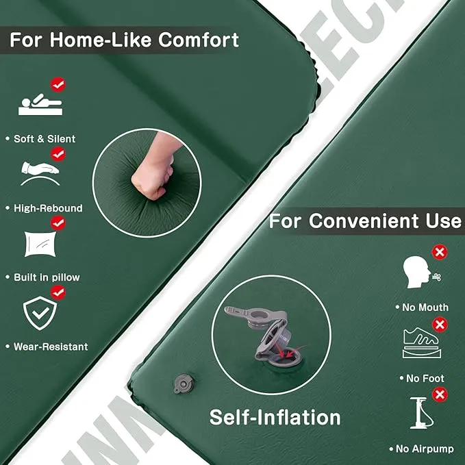 Self Inflating Sleeping Pad for Camping Fast Inflating in 20s Insulated Camping Pad Ultra-Thick Foam Camping Mats Memory Foam Camping Air Mattress with Pillow for Car Camping , Tent, Home,Travel