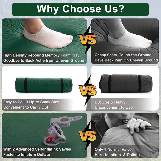 Self Inflating Sleeping Pad for Camping Fast Inflating in 20s Insulated Camping Pad Ultra-Thick Foam Camping Mats Memory Foam Camping Air Mattress with Pillow for Car Camping , Tent, Home,Travel