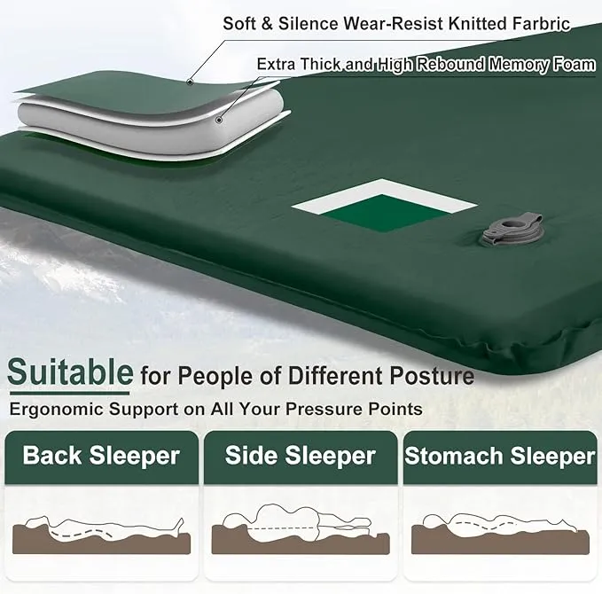 Self Inflating Sleeping Pad for Camping Fast Inflating in 20s Insulated Camping Pad Ultra-Thick Foam Camping Mats Memory Foam Camping Air Mattress with Pillow for Car Camping , Tent, Home,Travel