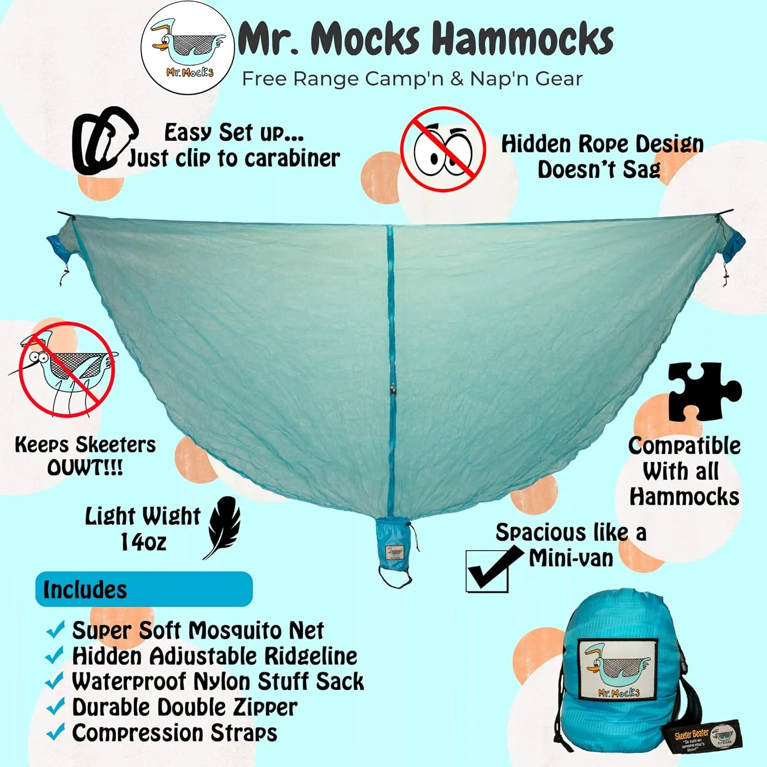 Skeeter Beater | Camping Hammock Mosquito net | Premium Quality Bug net with Waterproof Bag | Mesh Netting w/Double-Sided Zipper | Essential Camping Gear |