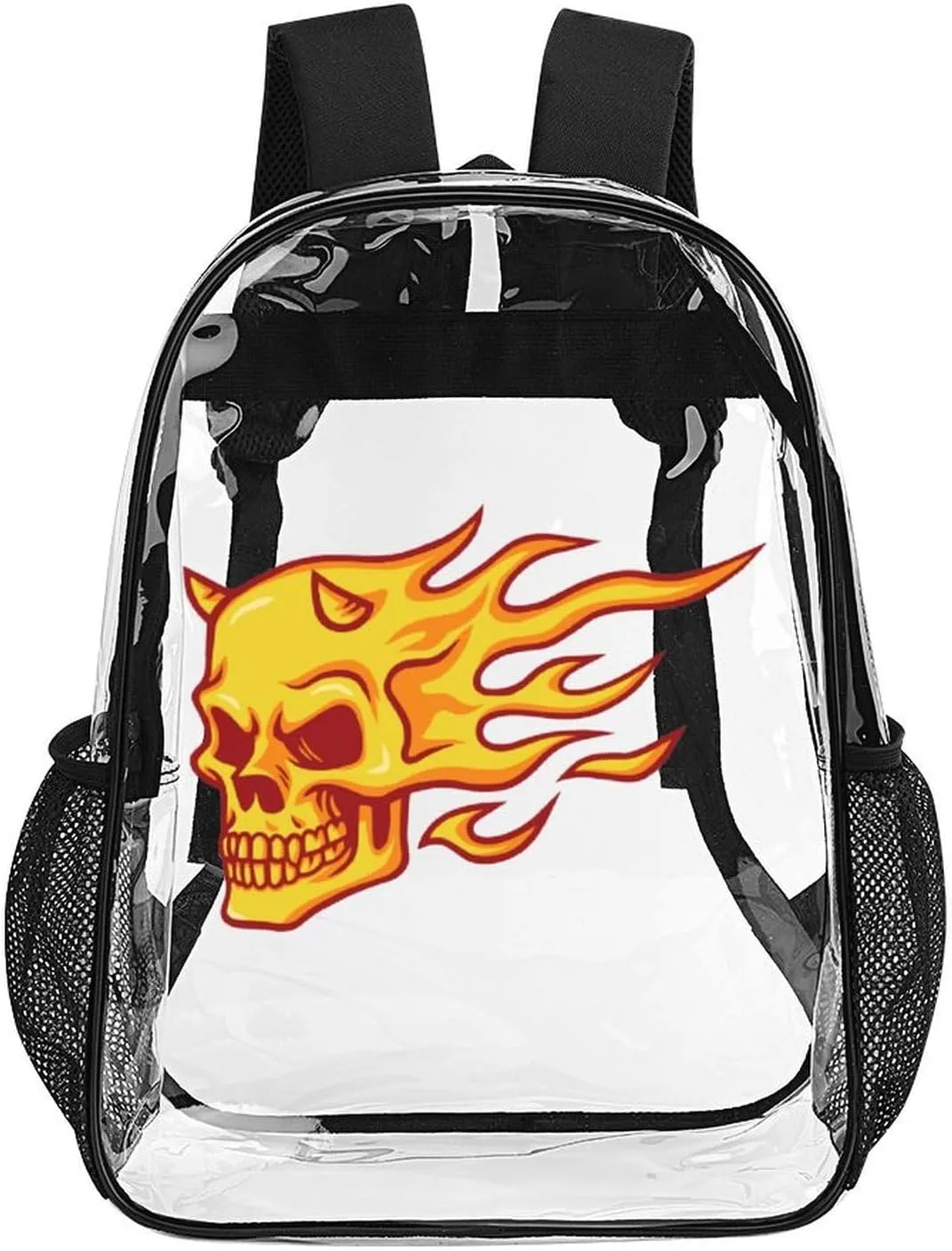 Skull Burning Fire Unisex Backpack 17" Simple Daypacks Transparent Shoulders Bag for Camping Hiking Travel Gear