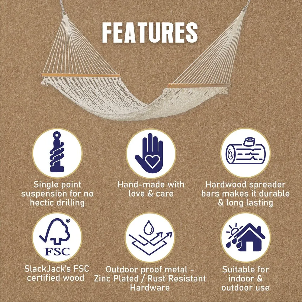 Slack Jack Cotton Rope Hammock for 2 Person | Jhula for Adults & Kids with Hardwood Spreader Bars | Swing for Home Decor, Balcony, Patio, Garden| Includes Free Hanging Accessory (Natural)