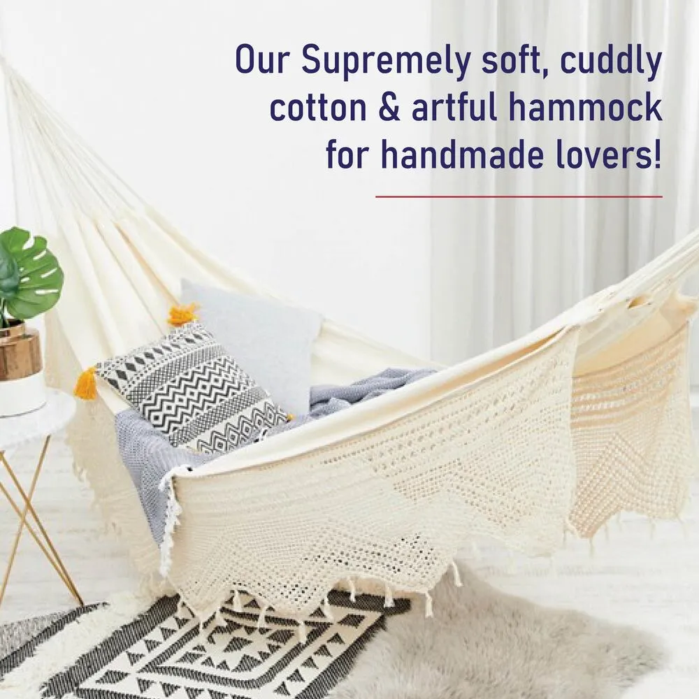 Slack Jack Crochet Hammock for 2 Person | Jhula for Adults & Kids, Swing for Home Decor, Balcony, Patio, Garden | Portable & Lightweight Hammocks | Includes Free Hanging Accessory (Natural)
