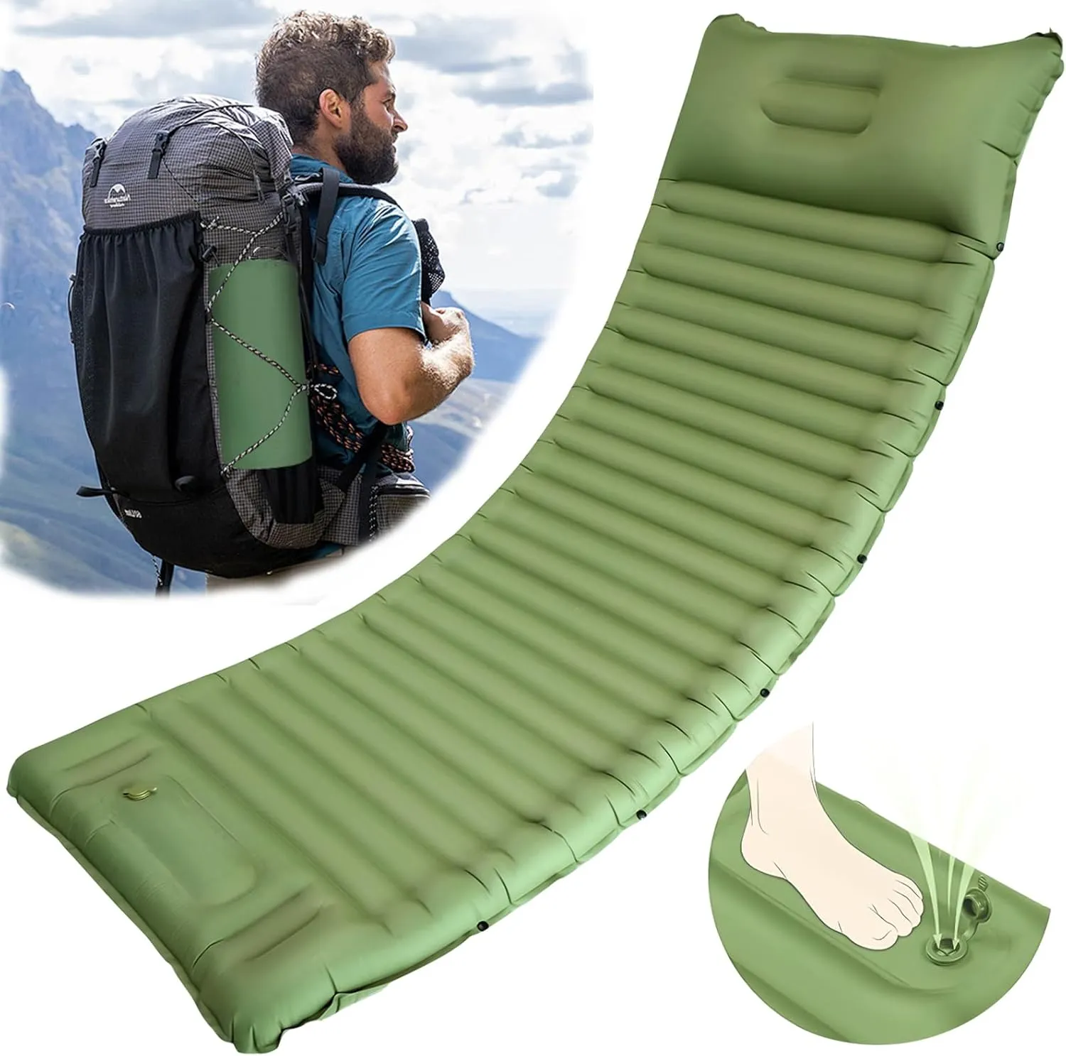 Sleeping Pad for Camping 4in Thick, Camping Air Mattress Pad Built-in Pump, Ultralight Inflatable Mat with Pillow, Sleeping Pad Backpacking, Holds 440lbs, 40D 60D Nylon