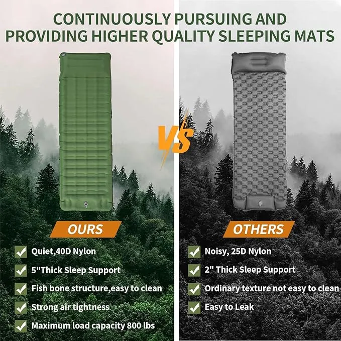 Sleeping Pad for Camping,5" Ultra-Thick Camping Mattress with Pillow Built-in Foot Pump, Self Inflating Camping pad for Backpacking, Car Camping, Hiking, Tent(Green)