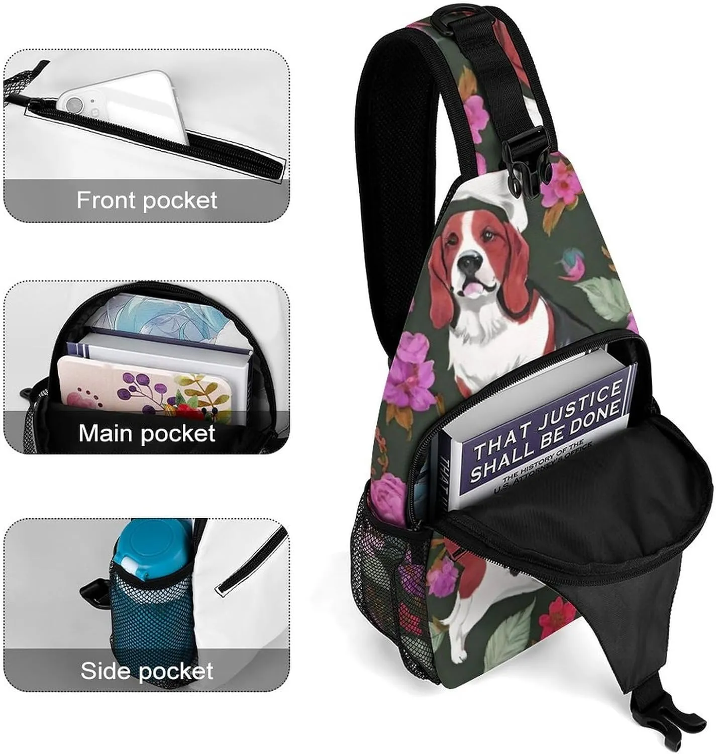 Sling Bag Backpack for Men Women Multipurpose Anti-Theft Outdoor Sport Daypack Travel Bag Tactical Satchel, Basset Hound Dog Flower Art Chest Day Backpack