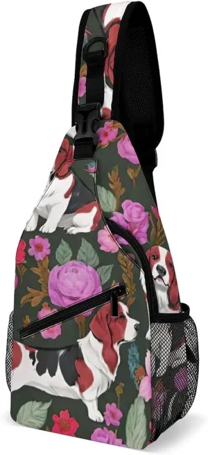 Sling Bag Backpack for Men Women Multipurpose Anti-Theft Outdoor Sport Daypack Travel Bag Tactical Satchel, Basset Hound Dog Flower Art Chest Day Backpack