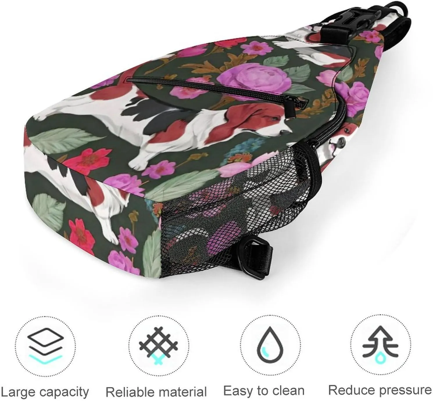Sling Bag Backpack for Men Women Multipurpose Anti-Theft Outdoor Sport Daypack Travel Bag Tactical Satchel, Basset Hound Dog Flower Art Chest Day Backpack