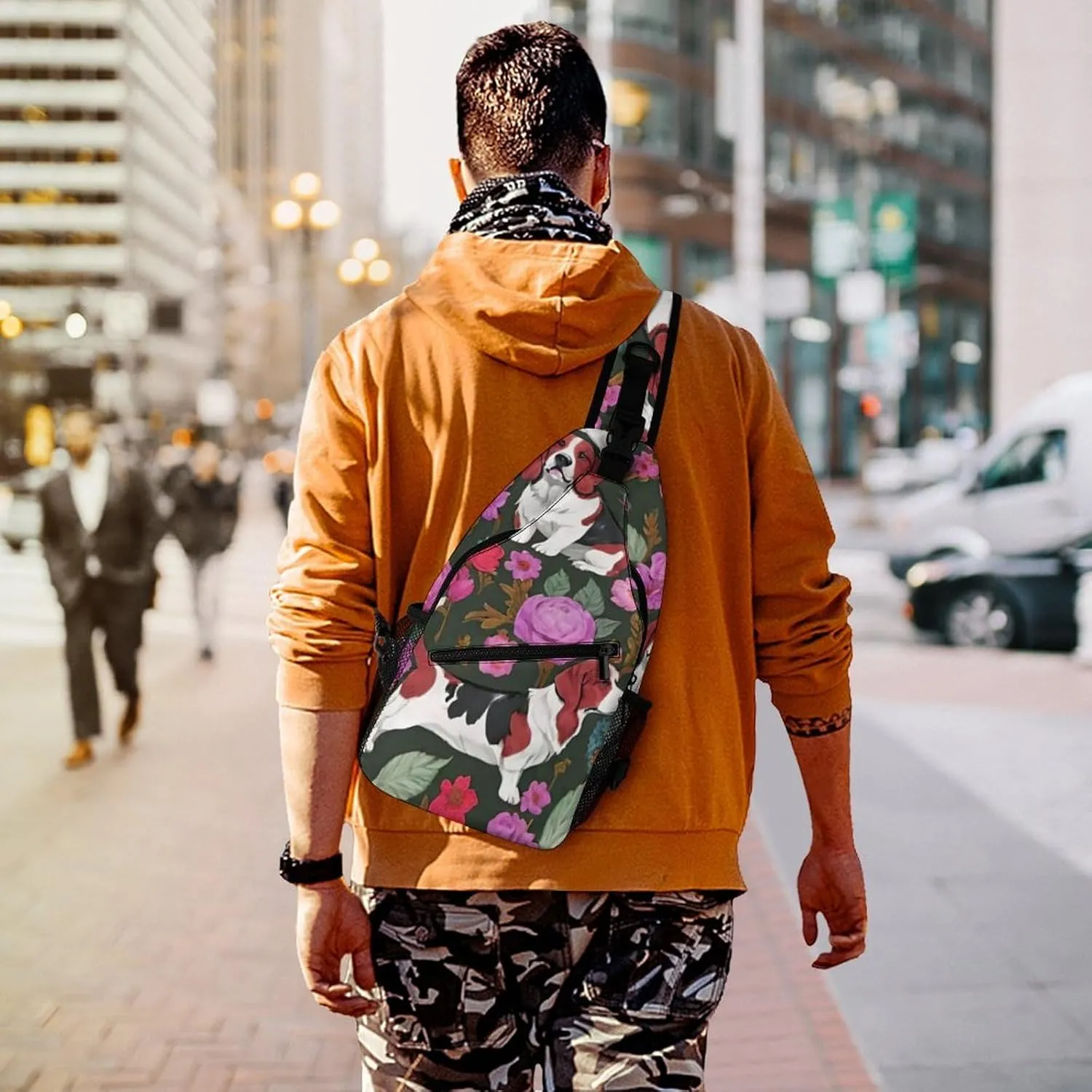 Sling Bag Backpack for Men Women Multipurpose Anti-Theft Outdoor Sport Daypack Travel Bag Tactical Satchel, Basset Hound Dog Flower Art Chest Day Backpack