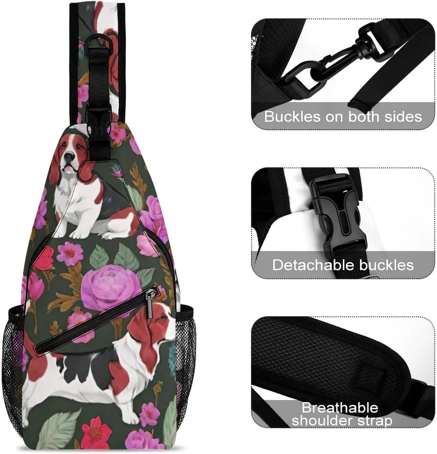 Sling Bag Backpack for Men Women Multipurpose Anti-Theft Outdoor Sport Daypack Travel Bag Tactical Satchel, Basset Hound Dog Flower Art Chest Day Backpack