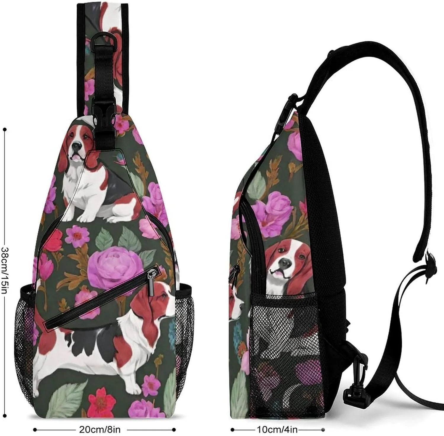 Sling Bag Backpack for Men Women Multipurpose Anti-Theft Outdoor Sport Daypack Travel Bag Tactical Satchel, Basset Hound Dog Flower Art Chest Day Backpack