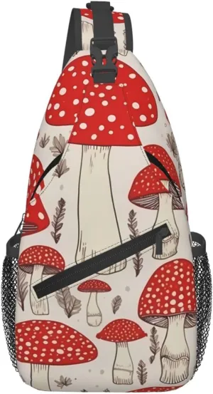 Sling Bags for Women Men Red White Mushroom Sling Backpack Adjustable Belt Bum Bags Fanny Pack for Travel Sports Running Hiking Waist Packs