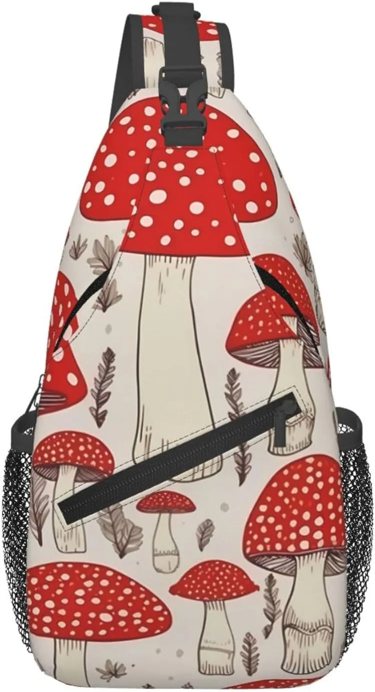 Sling Bags for Women Men Red White Mushroom Sling Backpack Adjustable Belt Bum Bags Fanny Pack for Travel Sports Running Hiking Waist Packs
