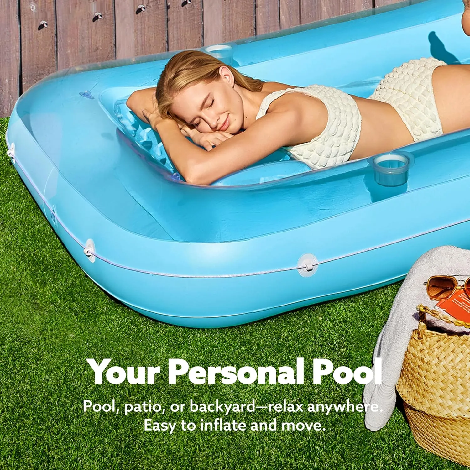 SLOOSH Inflatable Tanning Pool Lounger Float, 70" x 46" Pool Floats Adult with Pillow, 4 in 1 Suntan Tub Raft Floatie,Sunbathing Bed Lounge for Water Blow Up Kids Ball Pit Party Gifts, L-Blue
